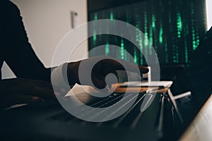 Hacker code in laptop. Cyber security, privacy or hack threat. Coder or programmer writing virus software, malware, internet