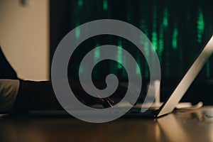 Hacker code in laptop. Cyber security, privacy or hack threat. Coder or programmer writing virus software, malware, internet