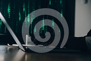 Hacker code in laptop. Cyber security, privacy or hack threat. Coder or programmer writing virus software, malware, internet