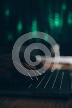 Hacker code in laptop. Cyber security, privacy or hack threat. Coder or programmer writing virus software, malware, internet