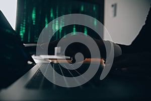 Hacker code in laptop. Cyber security, privacy or hack threat. Coder or programmer writing virus software, malware, internet