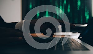 Hacker code in laptop. Cyber security, privacy or hack threat. Coder or programmer writing virus software, malware, internet