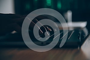 Hacker code in laptop. Cyber security, privacy or hack threat. Coder or programmer writing virus software, malware, internet