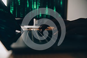 Hacker code in laptop. Cyber security, privacy or hack threat. Coder or programmer writing virus software, malware, internet
