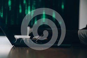Hacker code in laptop. Cyber security, privacy or hack threat. Coder or programmer writing virus software, malware, internet