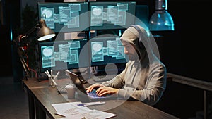 Hacker coder hacking system at night using virus