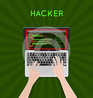 Hacker coding bug on laptop vector icon
