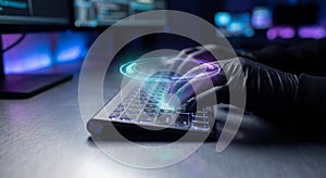 Hacker coding on a computer keyboard with a futuristic glowing interface