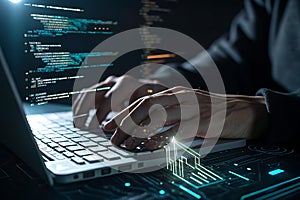 Hacker coding on laptop with digital interface overlay