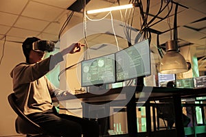 Hacker coding malware in vr, cracking password in metaverse