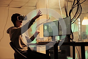 Hacker coding malware in vr glasses, hacking in metaverse