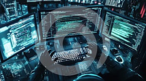 Hacker coding on multiple computer screens in a dark room