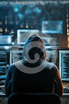 Hacker coding on multiple computer screens at night