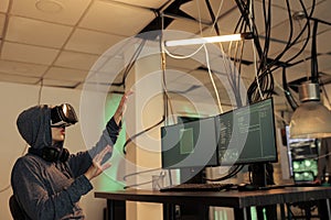 Hacker coding spyware in vr, cracking password in metaverse