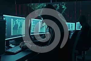 Hacker coding virus ransomware using laptops and computers. Cyber attack, AI Generative