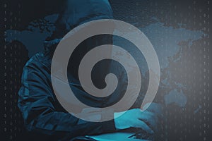 Hacker computer binary code system use laptop on world map.