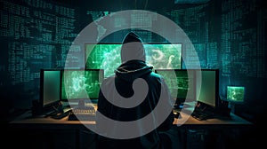 Hacker at the computer screens, hacking, dark web, IT