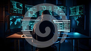 Hacker at the computer screens, hacking, dark web, IT