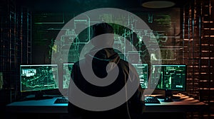 Hacker at the computer screens, hacking, dark web, IT