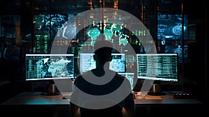 Hacker at the computer screens, hacking, dark web, IT