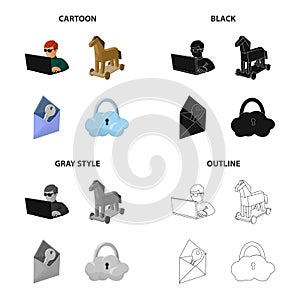 Hacker and computer, Trojan horse, envelope and key, cloud under lock. Hacker and hacking set collection icons in