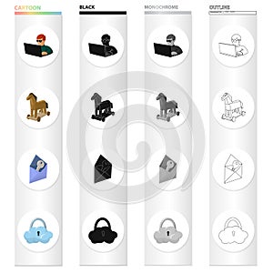 Hacker and computer, Trojan horse, envelope and key, cloud under lock. Hacker and hacking set collection icons in
