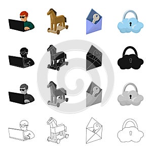 Hacker and computer, Trojan horse, envelope and key, cloud under lock. Hacker and hacking set collection icons in