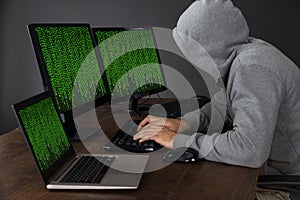 Hacker With Computers At Desk