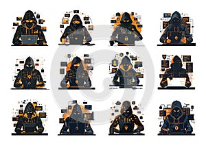 Hacker cyber crime cartoon concepts vector set. Hood laptop attacker computer equipment making viruses spyware character