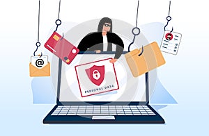 Hacker and Cyber criminals phishing stealing private personal data, user login, password, document, email and card