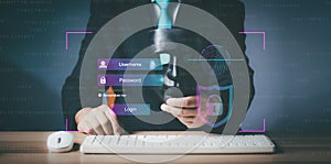 Hacker, Cyber security and data protection on internet. Person touching virtual shield, secure access, encrypted connection.