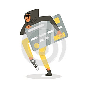 Hacker, cybercriminal, steals personal data, vector flat illustration on white background.