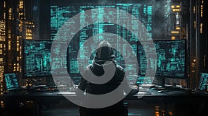 Hacker in Cyberpunk Environment with Digital Data Streams