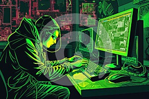 Hacker in Cyberworld: Suspenseful Digital Illustration of a Cyberpunk Scene with Neon Green Code