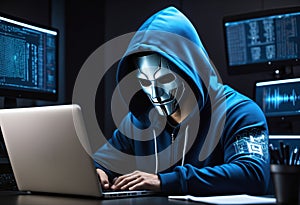 hacker in dark blue hoodie sits at a laptop. Generative AI