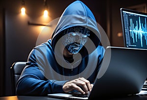 hacker in dark blue hoodie sits at a laptop. Generative AI