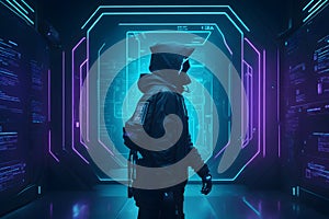 A hacker in a dark, futuristic environment, a cybersecurity image generated by Ai photo