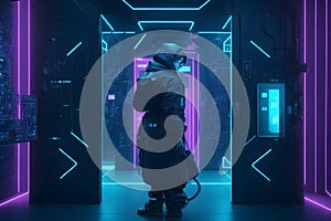A hacker in a dark, futuristic environment, a cybersecurity image generated by Ai photo