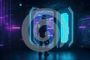 A hacker in a dark, futuristic environment, a cybersecurity image generated by Ai photo