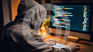 Hacker in Dark Hoodie Working on Computer Coding in Low Light Environment