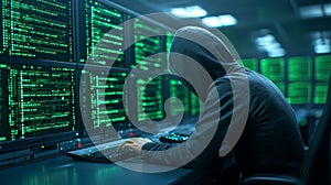 Hacker in dark room coding on multiple monitors
