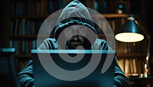 Hacker in a dark room with a computer. Cybercrime concept