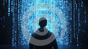 Hacker in a dark room facing a wall of encrypted. Abstract concept graphic data, technology encryption element. By generative Ai