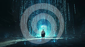 Hacker in a dark room facing a wall of encrypted. Abstract concept graphic data, technology encryption element. By generative Ai