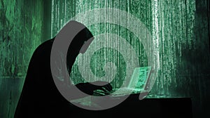 Hacker in a dark room with green code background