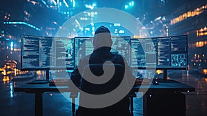 Hacker in dark room with multi-screen setup and digital code display