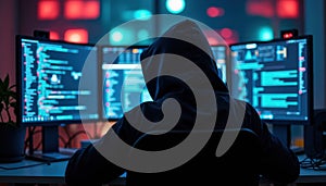 Hacker in dark room with multiple screens and coding interface.