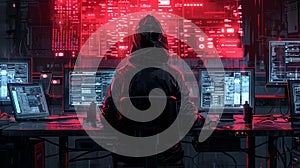 Hacker in Dark Room with Multiple Screens Generative AI