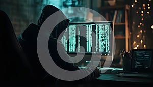 Hacker in a dark room programming malicious code on a computer screen with lines of data