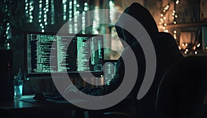 Hacker in a dark room programming malicious code on a computer screen with lines of data